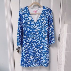Lilly Pulitzer Alden Blue and White Sheath Dress with 3/4 Sleeves